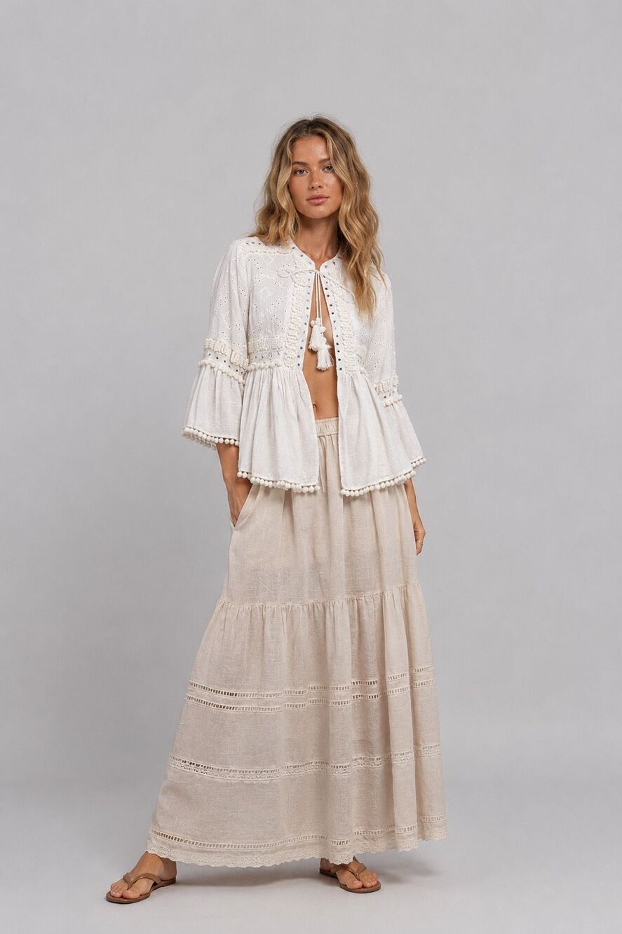 Zara Woman Embroidered Mirror Boho Jacket Pom Pom Tassel Cotton Size M (084)